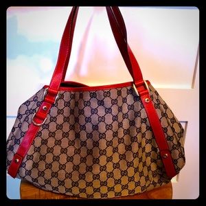 Auth Gucci Abbey Hobo GG Monogram navy/red EUC